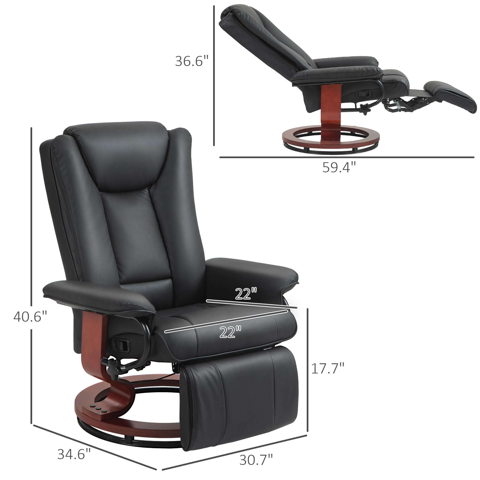 HOMCOM Manual Swivel Recliner Chair, PU Leather Reclining Chair with Footrest for Living Room, Black