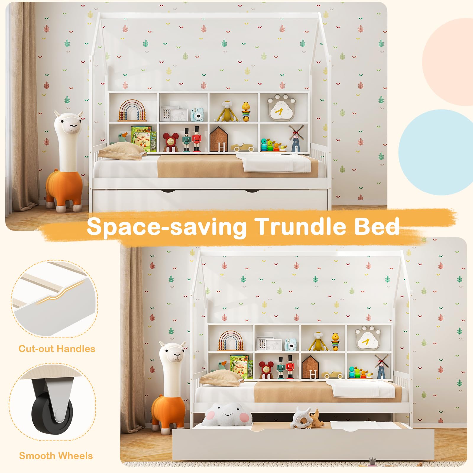 Giantex Twin House Bed with Trundle, Wood Daybed with 8 Cube Storage Bookcase, Montessori Bed, Tent House Bed for Kids Girls Boys, No Box Spring Needed, White