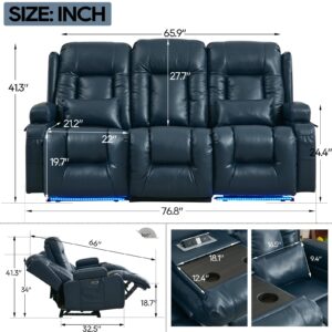 IPKIG Power Loveseat Recliner - 76.8" Reclining Loveseat 3-Seater Recliner Sofa with 4 Colors LED Strip, AC Outlets, USB-A/C Ports and Cup Holders for Living Room Home Theater (Blue, 3-Seater)