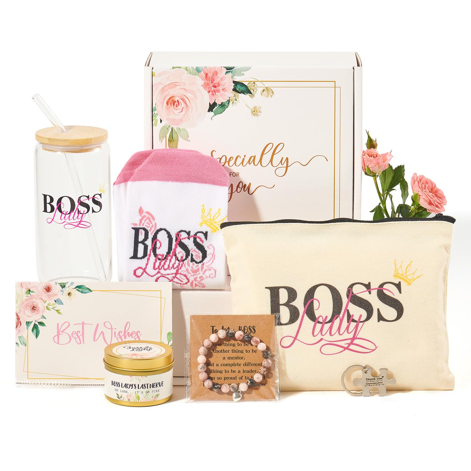 Boss Lady Gifts Set for Women, Boss Day Gifts,Best Boss Gift for Female Manager Supervisor,Tote Bag Glass Cup Candle Bracelet Keychain