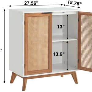 EFURDEN Sideboard Buffet, Kitchen Storage Cabinet with Rattan Decorated Doors, Accent Cabinet with Solid Bamboo Feet, Waterproof Tabletop and Large Storage Space-White