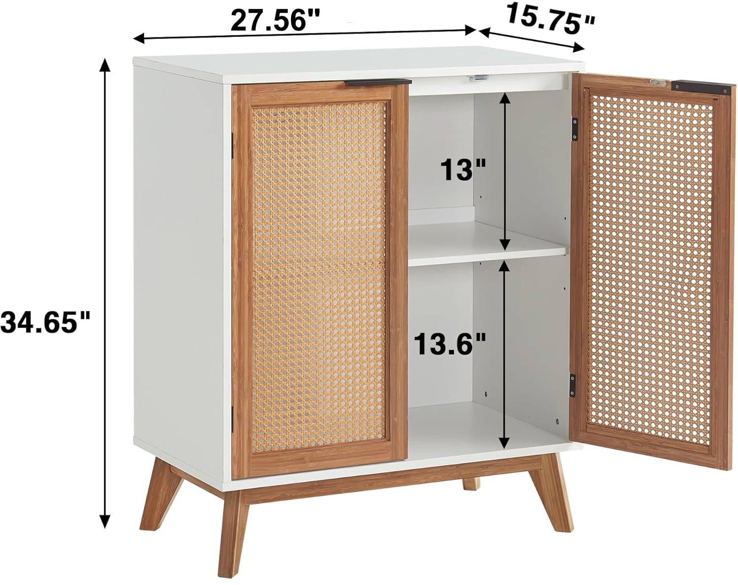 EFURDEN Sideboard Buffet, Kitchen Storage Cabinet with Rattan Decorated Doors, Accent Cabinet with Solid Bamboo Feet, Waterproof Tabletop and Large Storage Space-White