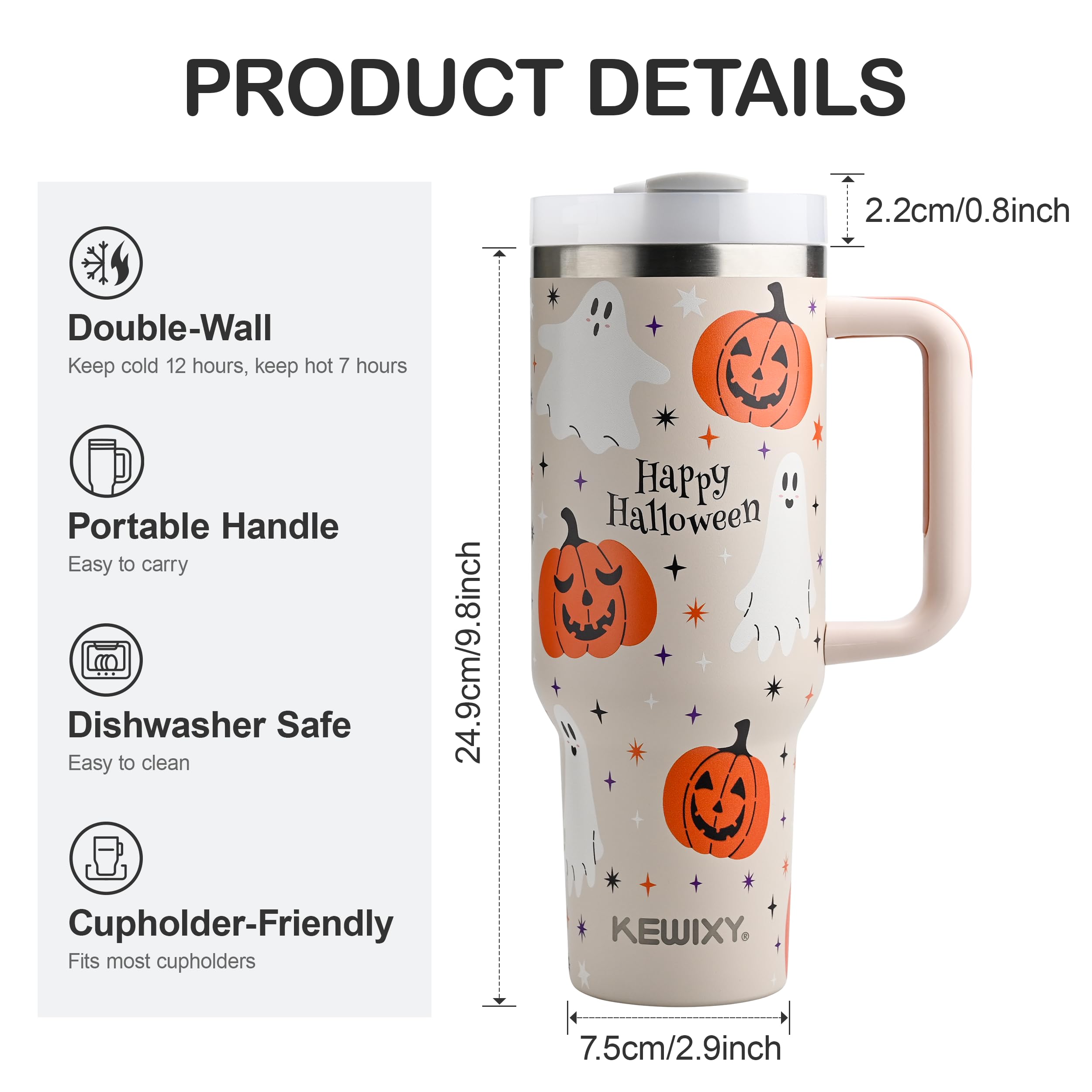 KEWIXY Halloween Ghost 40 Oz Tumbler With Handle and Straw, Stainless Steel Double Walled Vacuum Insulated Cup, Holiday Gifts for Women Men (Cute Ghost)