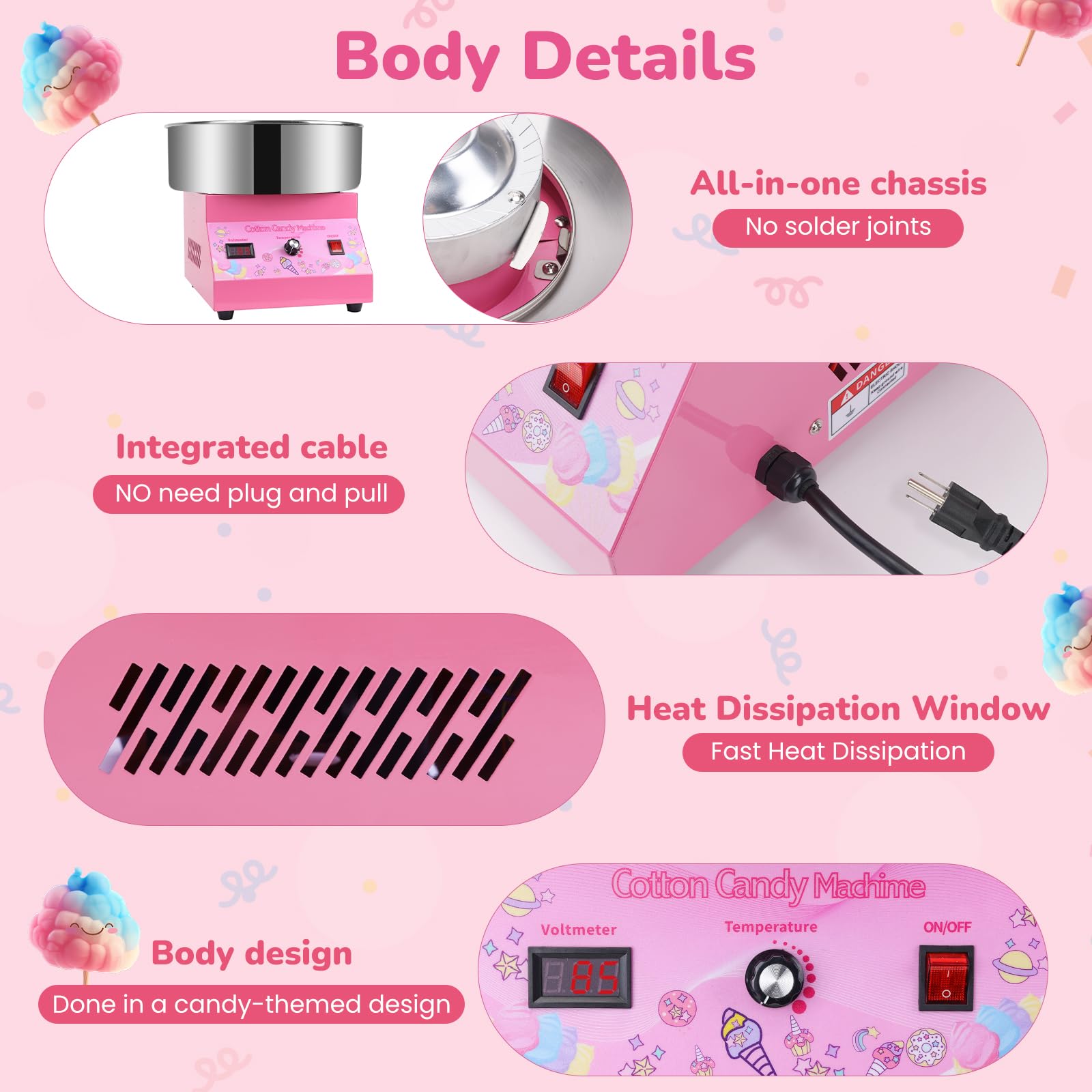 HRIOSN Cotton Candy Machine Commercial Cotton Candy Machine With Stainless Steel Construction Easy-to-Use Controls Cotton Candy Maker For Endless Cotton Candy,Pink