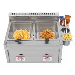 stainless steel countertop gas fryer,10l*2 commercial lpg gas deep fryer countertop commercial dual tank kitchen fat fryer machine snack fryer for french fries restaurant home kitchen