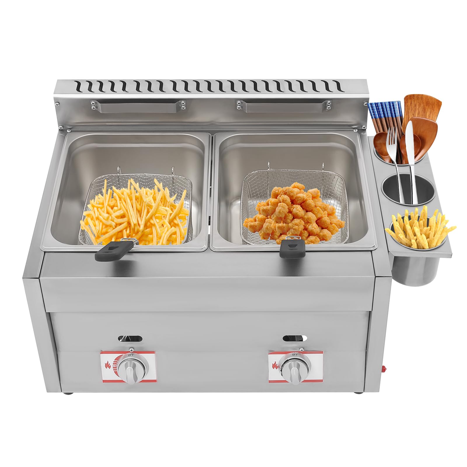 Stainless Steel Countertop Gas Fryer,10L*2 Commercial LPG Gas Deep Fryer Countertop Commercial Dual Tank Kitchen Fat Fryer Machine Snack Fryer For French Fries Restaurant Home Kitchen