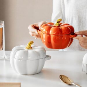 Pumpkin Dutch Oven Pot with Lid, Ceramic Pumpkin Pottery Dessert Saucepan with Handels, Cute Pumpkin Bowl Pumpkin Baking Dish (Orange)