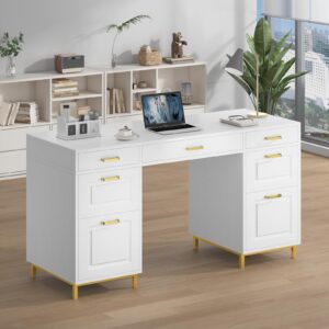 MaverickFurni 57” Executive Desk with 7 Drawers, White Office Desk with Storage Cabinet, File Drawer, Computer Desk for Home Office, Wood Writing Desk, White & Gold