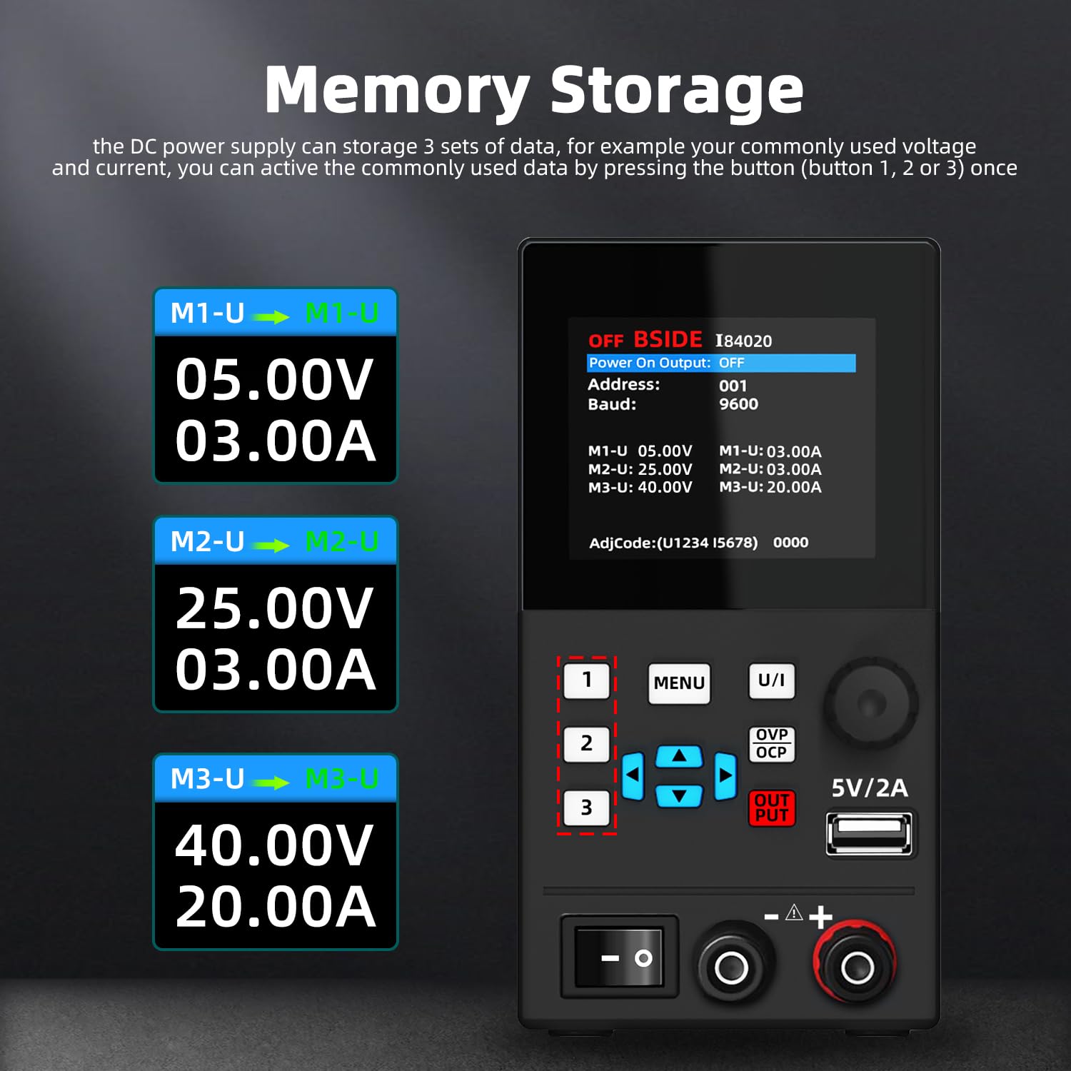 BSIDE Programmable DC Power Supply 40V 20A Bench Power Supply Small Variable Lab Power Supply Adjustable Switching Regulated Wide Range Power Supply with Button and Knob Adjustment, Memory Function