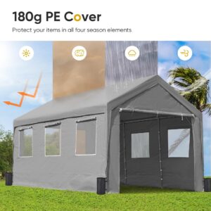 ADVANCE OUTDOOR 10'x20' Heavy Duty Adjustable Height Carport with 6 Roll-up Ventilated Windows & Removable Sidewalls Car Canopy Garage Boat Shelter Party Tent, Peak Height from 9.5ft to 11ft, Grey