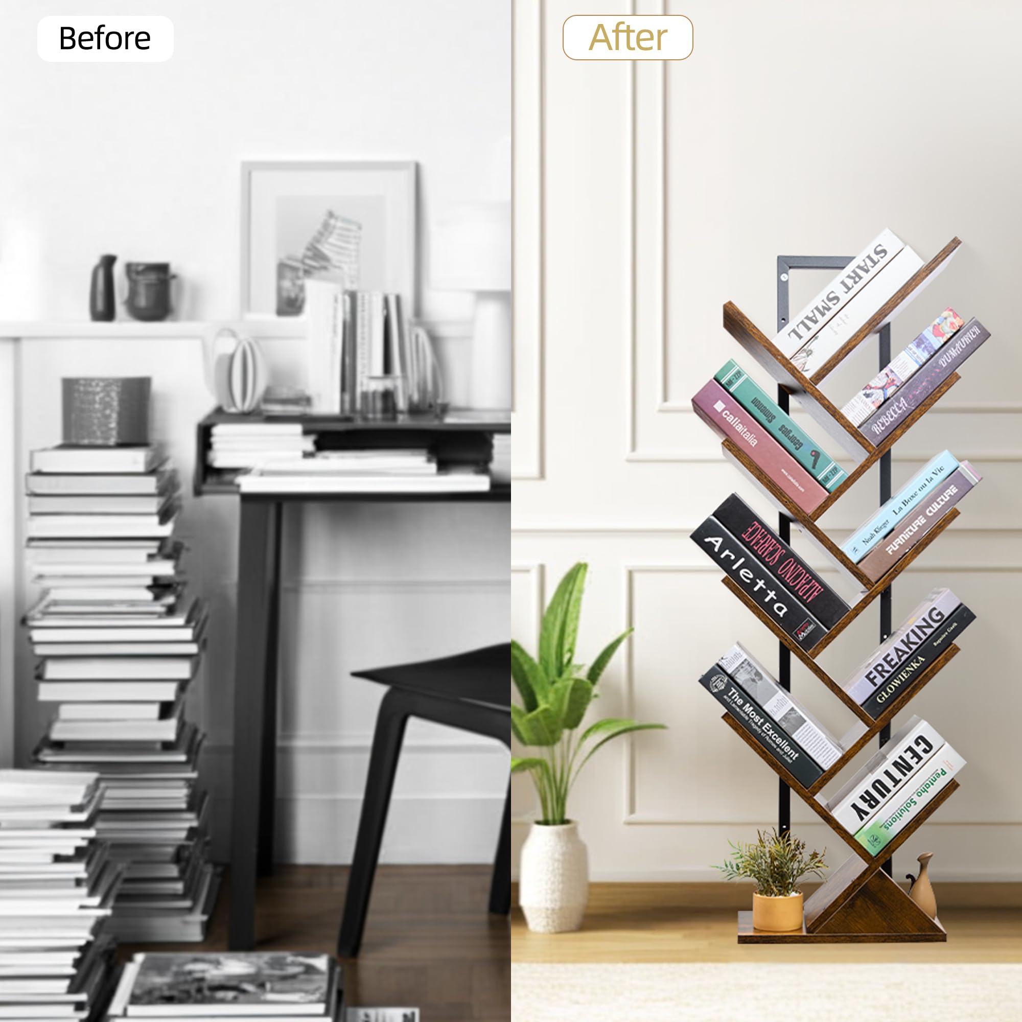 Hupillyur Tree Bookshelf - 9 Shelf Retro Floor Standing Bookcase, Tall Wood Book Storage Rack for CDs/Movies/Books, Utility Book Organizer Shelves for Bedroom, Living Room, Home Office