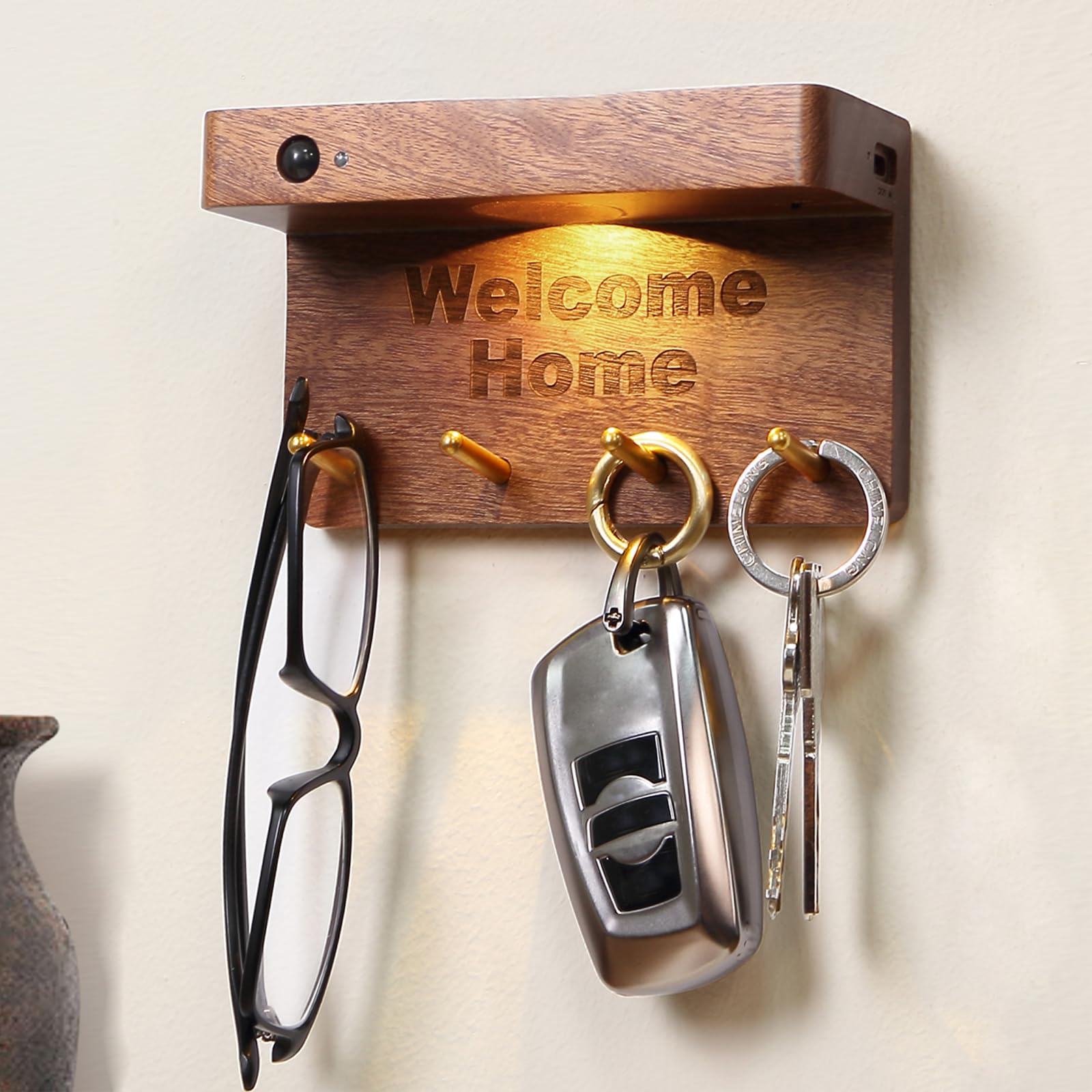 Wooden Key Holder with Motion Sensor light, Wall-Mounted Light Key Holder, Decorative Key Hanging Rack with 4 Hooks – Easy Install Wall Key Holder Light Shelf for Home Entryway Decor (Dark Brown)