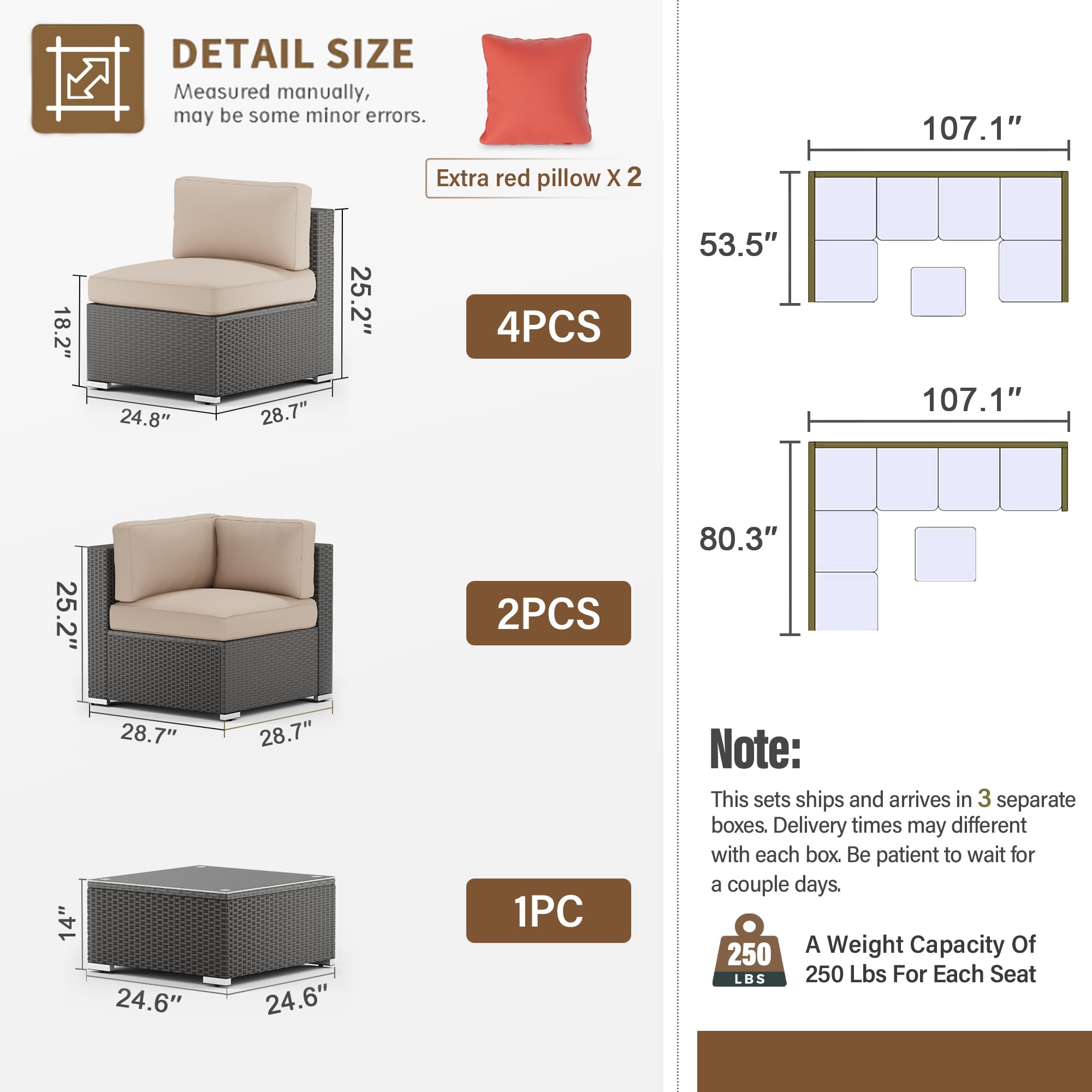 SUNCROWN 7-Piece Outdoor Patio Furniture Sofa Set All-Weather Black Wicker Sectional Conversation Set with Modern Glass Coffee Table and Cushions (Brown)