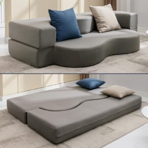 PUREMIND 2-in-1 Queen Folding Floor Sofa Bed, Fold Out Floor Sleeper Sofa Couch Bed for Living Room/Guest Room/Home Office/Van Trip Light Grey