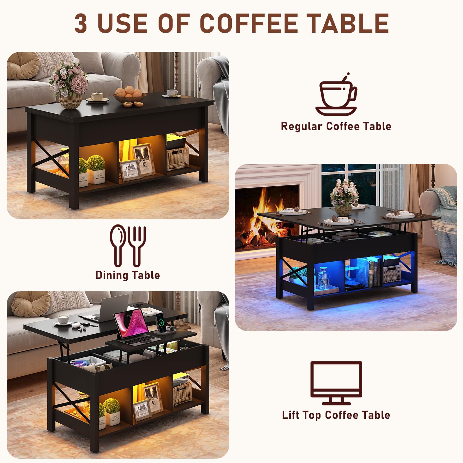 Hlivelood Lift Top Coffee Table, 4 in 1 Living Room Multi-Function LED Table with Charging Station&LED Lights, Farmhouse Convertible Lift Center Table w/Storage and Hidden Compartmen