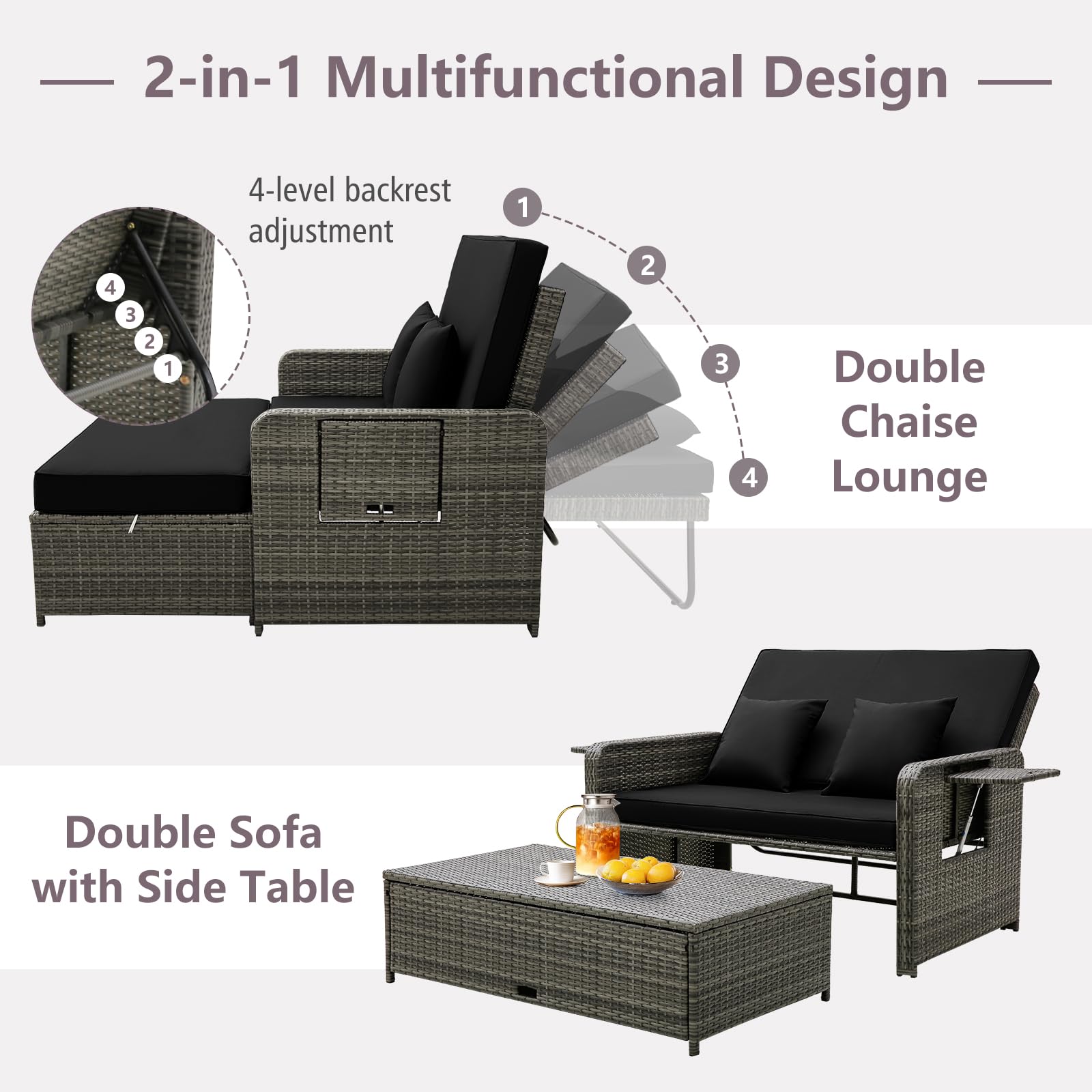 Tangkula Patio Rattan Daybed Set, Wicker Loveseat Sofa w/Multipurpose Ottoman & Retractable Side Tray, 4-Level Adjustable Backrest, Footstool w/Storage, Seat & Back Cushion Included