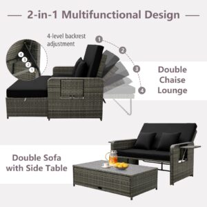 RELAX4LIFE Wicker Patio Outdoor Daybed - Rattan Day Bed Lounger w/Loveseat & Storage Ottoman, Sunbed Sofa Set w/Cushions, 4-Level Adjustable Backrest & 2 Retractable Trays, Patio Daybed (Black-Grey)