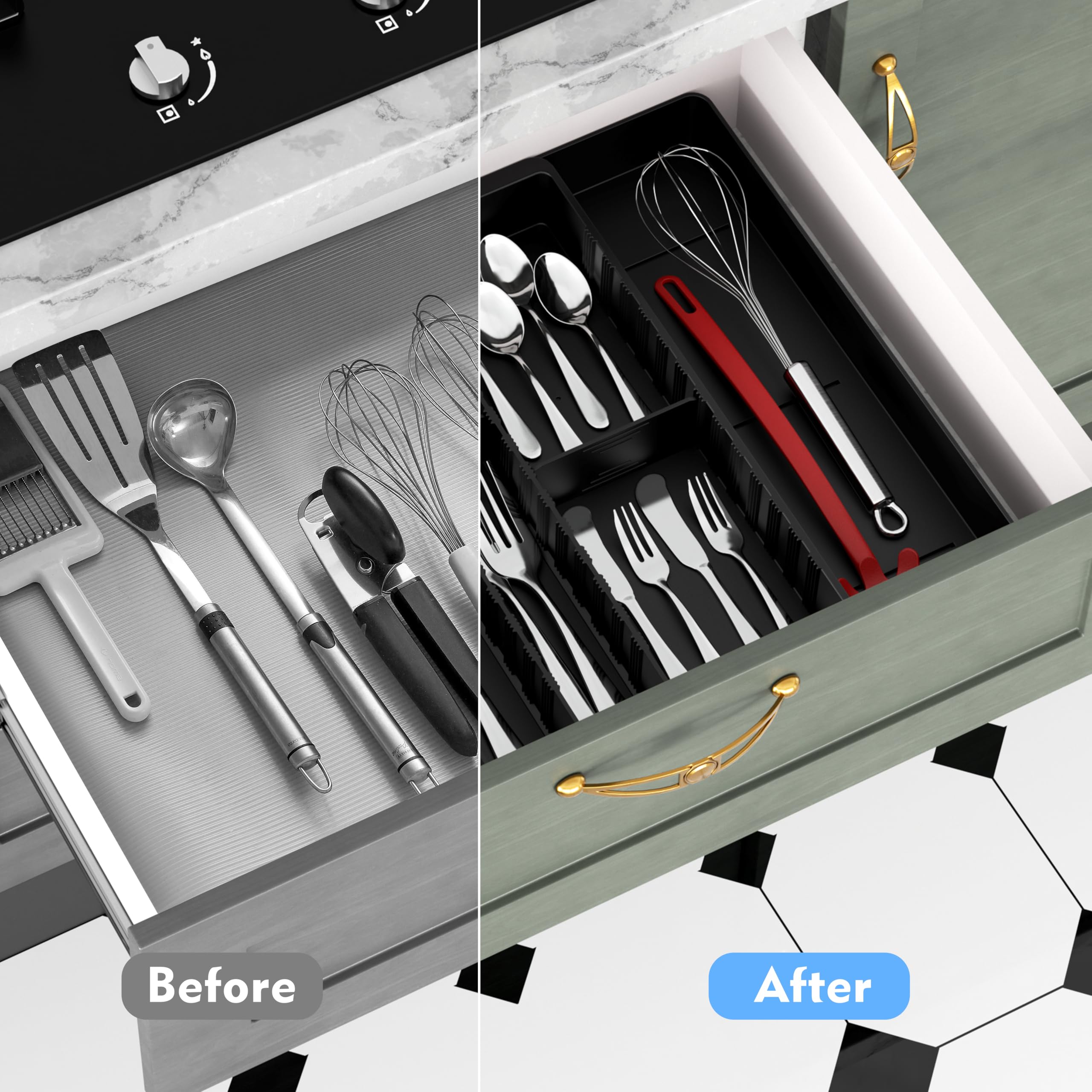 Fu Store Silverware Drawer Organizer, DIY Customize Expandable Utensil Tray for Kitchen, Flatware and Cutlery Holder, Adjustable Plastic Tableware Storage for Spatula Spoons Forks Knives