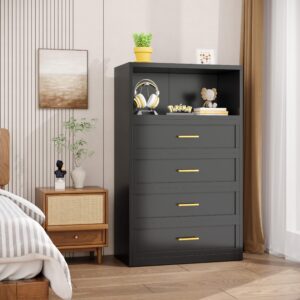 RISTERN 4-Drawer with Hollow Metal Dresser for Bedroom, Closet Dressers Chest with Fluted Panel, Tall Wide Dresser, Large Storage Space for Bedroom, Living Room, Black, 15.75" D x 31.5" W x 52.44" H