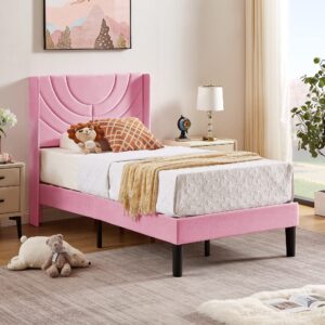 VECELO Twin Upholstered Platform Bed Frame with Fabric Headboard,Wooden Slats Support/No Box Spring Needed/Mattress Foundation for Girls,Boys,Pink