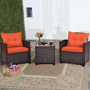 relax4life 3 piece patio furniture set, wicker bistro conversation set w/2 cushioned armchairs & glass topped table, outdoor rattan sofa set patio furniture for porch balcony poolside (orange)