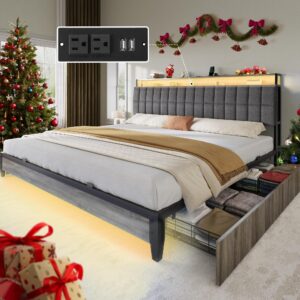 yitahome queen size bed frame with rgb led lights and 4 drawers, upholstered platform bed with charging station and storage headboard, no box spring needed, noise-free, fast assembly, rustic grey