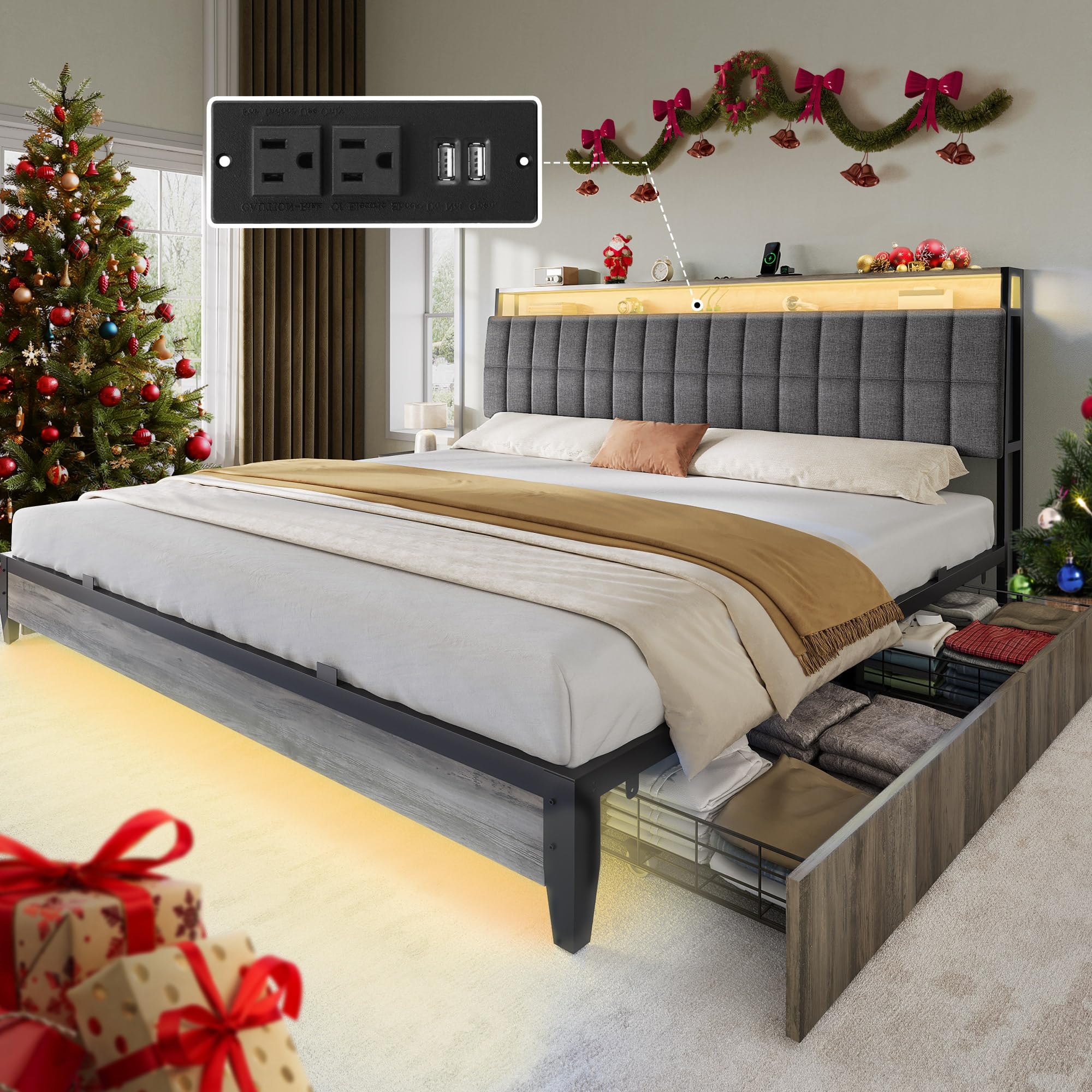 YITAHOME Queen Size Bed Frame with RGB LED Lights and 4 Drawers, Upholstered Platform Bed with Charging Station and Storage Headboard, No Box Spring Needed, Noise-Free, Fast Assembly, Rustic Grey