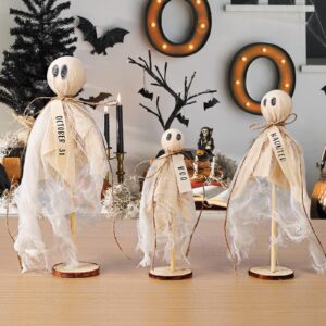 AMDBHC Halloween Decorations Indoor - 3 Set of Primitive Halloween Ghosts on Wooden Stand Spooky Halloween Ghosts Decor for Table Centerpieces Tiered Trays Shelves Mantels Home Halloween Décor