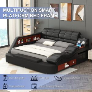 AF ARTISAN FURNITURE Queen Size Smart Multifuncional Bed Frame - Upholstered Leather Platform with Massage Recliner, Bluetooth Speaker, USB Charging, Storage Drawers, Strong Wooden Slats, Black