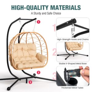 Pamapic Double Swing Egg Chair,Love Seat Proch Swing Egg Chair, 700 LBS Hanging Egg Chair with UV Resistant Wicker, Patio Furniture Waterproof Cushions Hammock Chair with Stand and Armrest, Beige