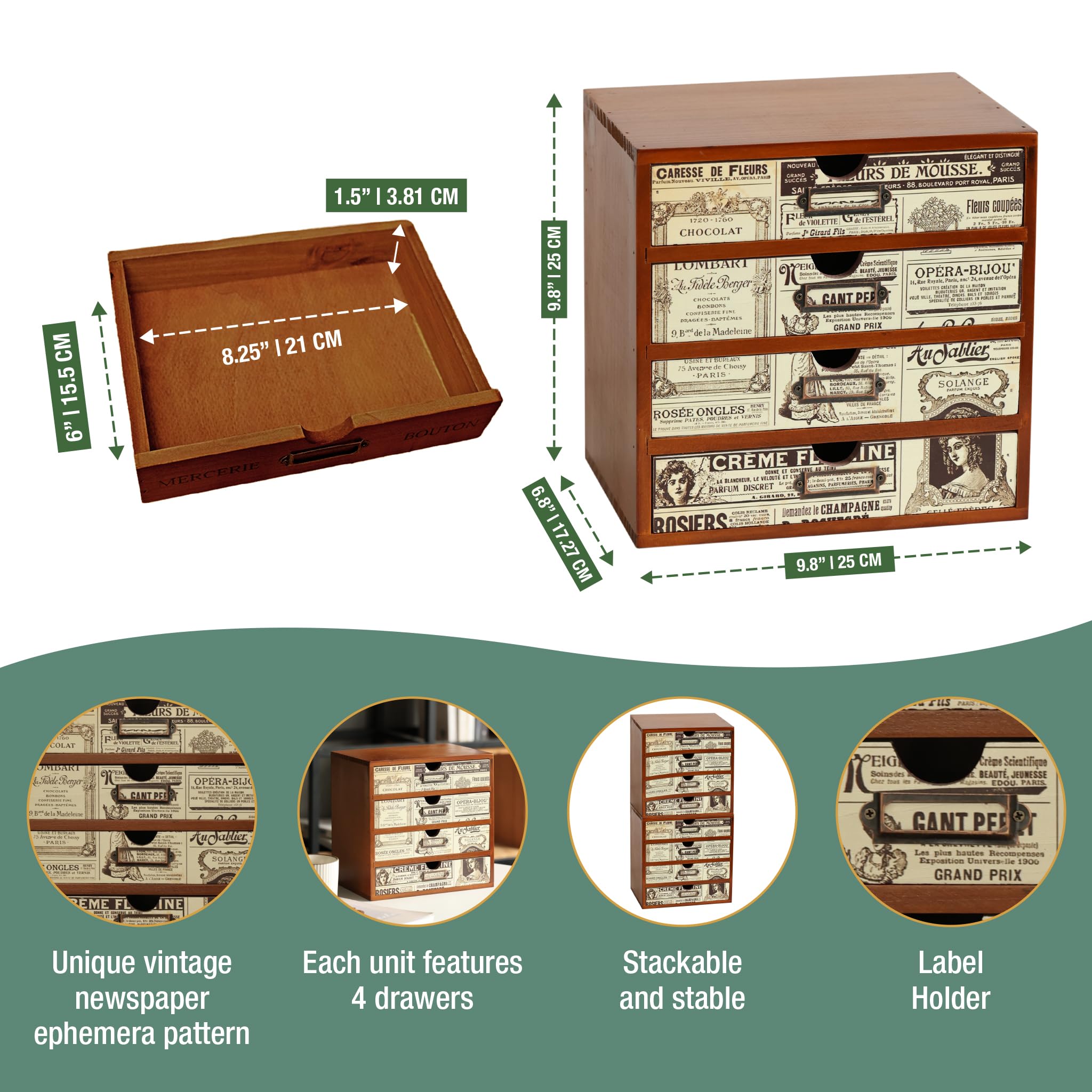 4-Drawer Vintage Ephemera Pattern Desktop Organizer - Arts and Craft Newspaper Design Desk Storage Cabinet - Ephemera Wood Shelf Drawers with Label Holders - Scrapbook Collecting