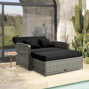 Tangkula Patio Rattan Daybed Set, Wicker Loveseat Sofa w/Multipurpose Ottoman & Retractable Side Tray, 4-Level Adjustable Backrest, Footstool w/Storage, Seat & Back Cushion Included