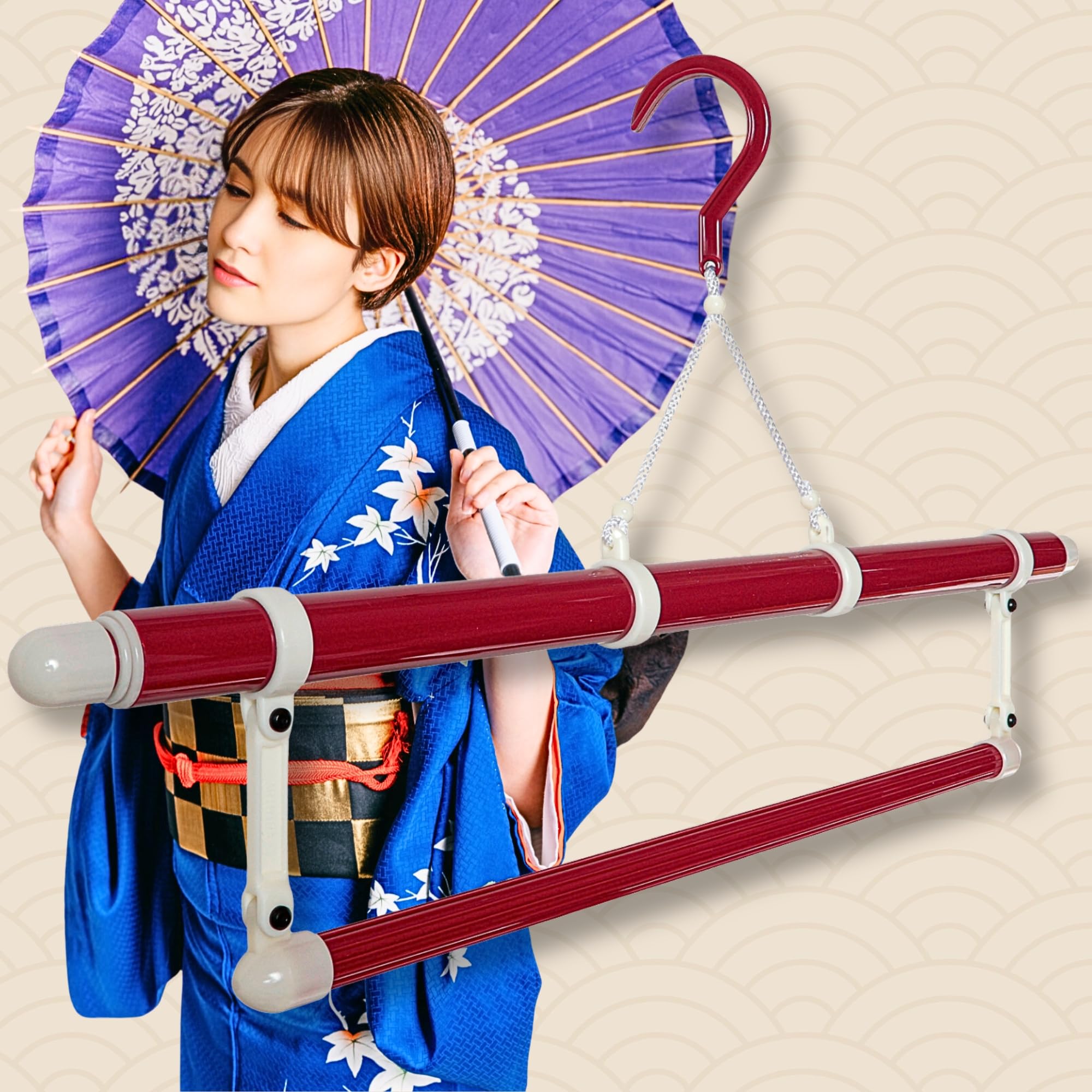 Japanese Kimono Hanger for Artistic Display - with Floral Folding Fan