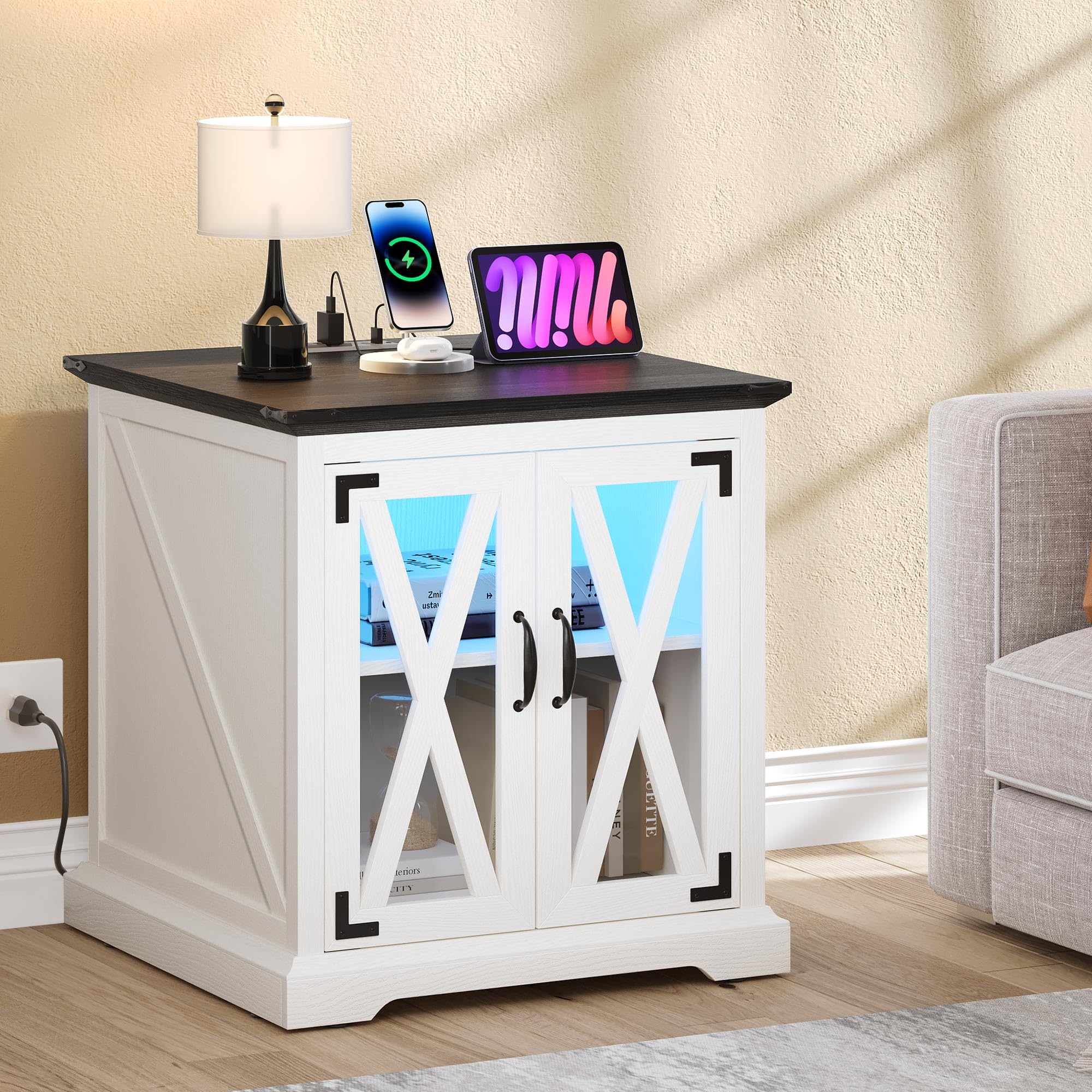 DWVO Farmhouse End Table, Sofa Side Coffee Table with Charging Station and LED Lights, Nightstand with Adjustable Storage Shelf, Bedside Table for Living Room, Bedroom, White