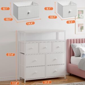 EnHomee White Dresser, Dresser for Bedroom with 7 Storage Drawers, Cute Dresser & Fabric Dresser for Bedroom, Bedroom Dresser with Wood Top and Metal Frame, Closet Dresser for Living Room