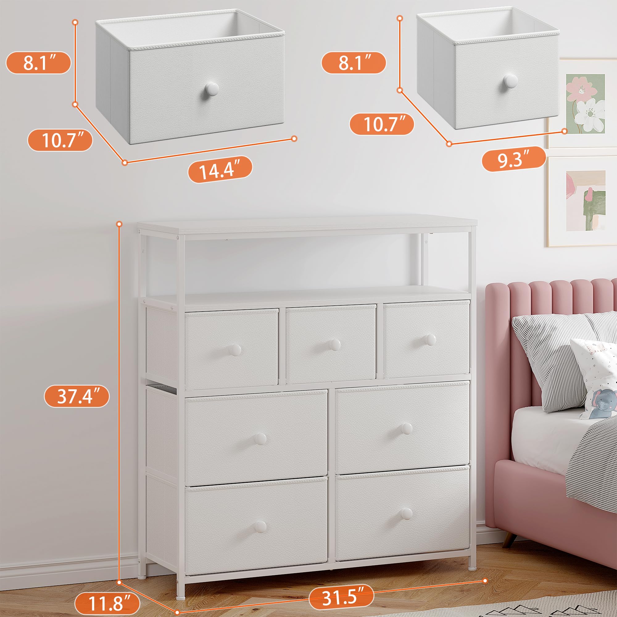 EnHomee White Dresser, Dresser for Bedroom with 7 Storage Drawers, Cute Dresser & Fabric Dresser for Bedroom, Bedroom Dresser with Wood Top and Metal Frame, Closet Dresser for Living Room