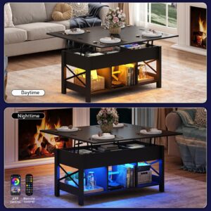 Hlivelood Lift Top Coffee Table, 4 in 1 Living Room Multi-Function LED Table with Charging Station&LED Lights, Farmhouse Convertible Lift Center Table w/Storage and Hidden Compartmen