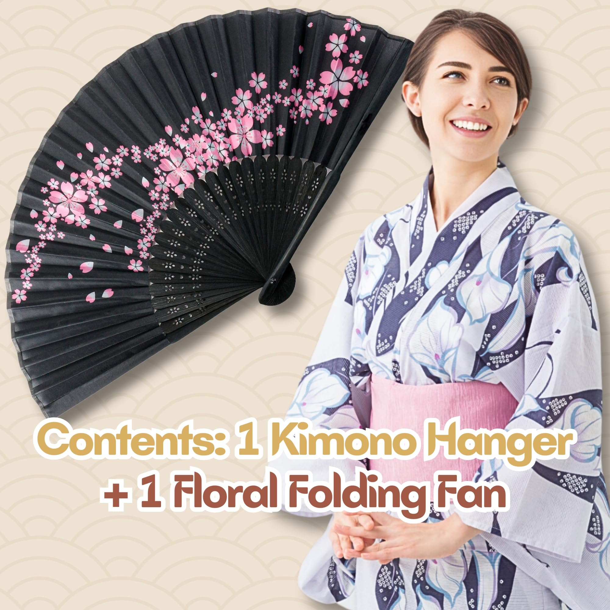 Japanese Kimono Hanger for Artistic Display - with Floral Folding Fan