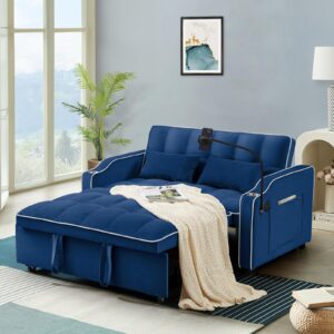 sleeper sofa couch bed with usb & type c port, modern 3-in-1 convertible velvet pull out loveseat futon sofa w/phone holder/cup holder for living room apartment, adjustable backrest, blue