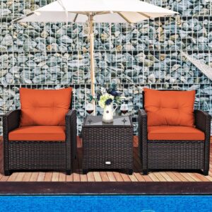 RELAX4LIFE 3 Piece Patio Furniture Set, Wicker Bistro Conversation Set w/2 Cushioned Armchairs & Glass Topped Table, Outdoor Rattan Sofa Set Patio Furniture for Porch Balcony Poolside (Orange)