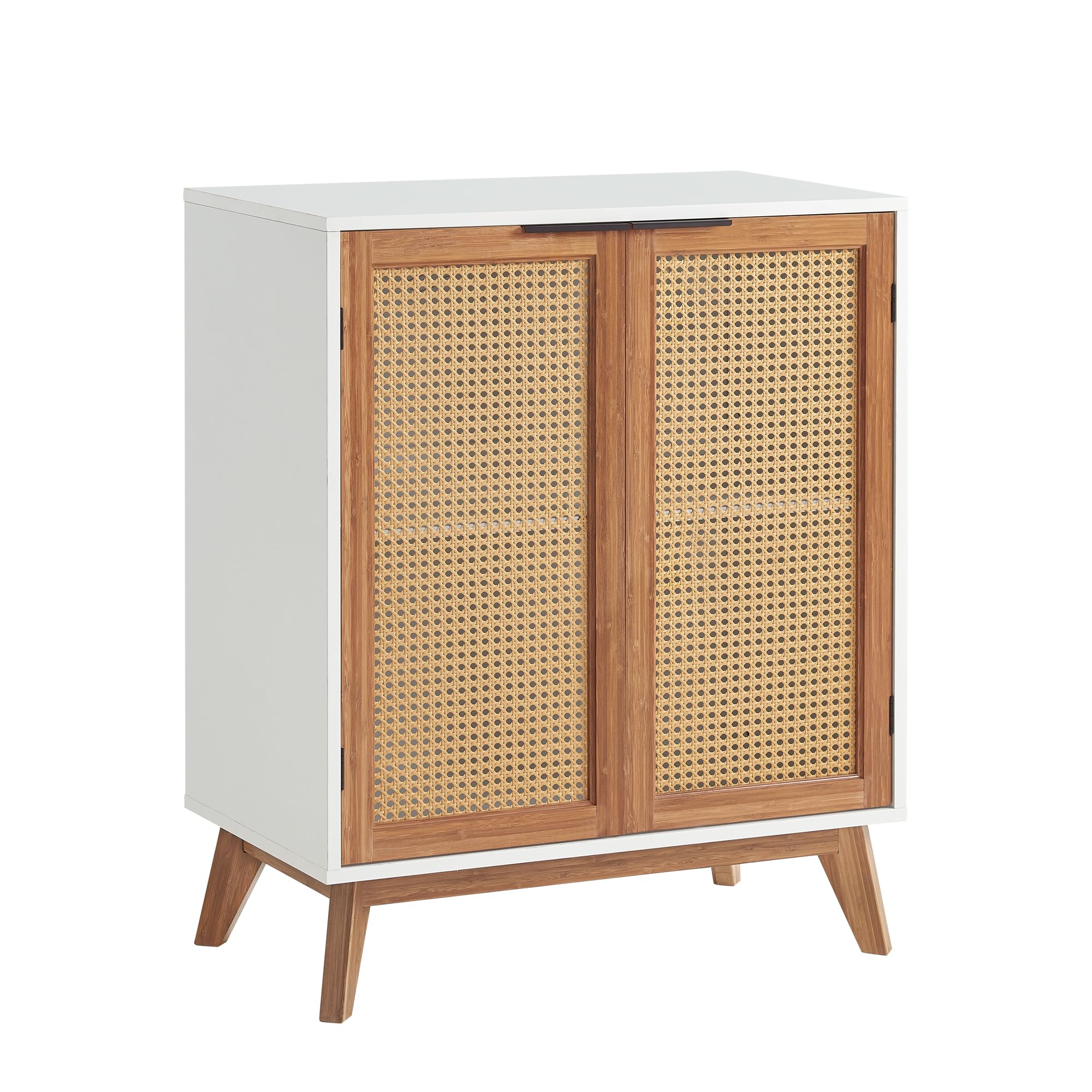 EFURDEN Sideboard Buffet, Kitchen Storage Cabinet with Rattan Decorated Doors, Accent Cabinet with Solid Bamboo Feet, Waterproof Tabletop and Large Storage Space-White