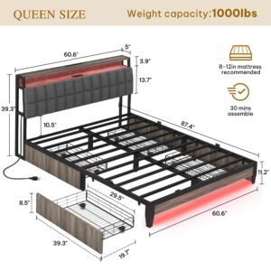 YITAHOME Queen Size Bed Frame with RGB LED Lights and 4 Drawers, Upholstered Platform Bed with Charging Station and Storage Headboard, No Box Spring Needed, Noise-Free, Fast Assembly, Rustic Grey