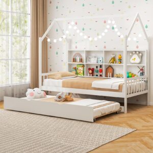 Giantex Twin House Bed with Trundle, Wood Daybed with 8 Cube Storage Bookcase, Montessori Bed, Tent House Bed for Kids Girls Boys, No Box Spring Needed, White