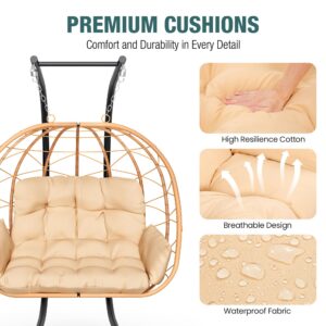 Pamapic Double Swing Egg Chair,Love Seat Proch Swing Egg Chair, 700 LBS Hanging Egg Chair with UV Resistant Wicker, Patio Furniture Waterproof Cushions Hammock Chair with Stand and Armrest, Beige