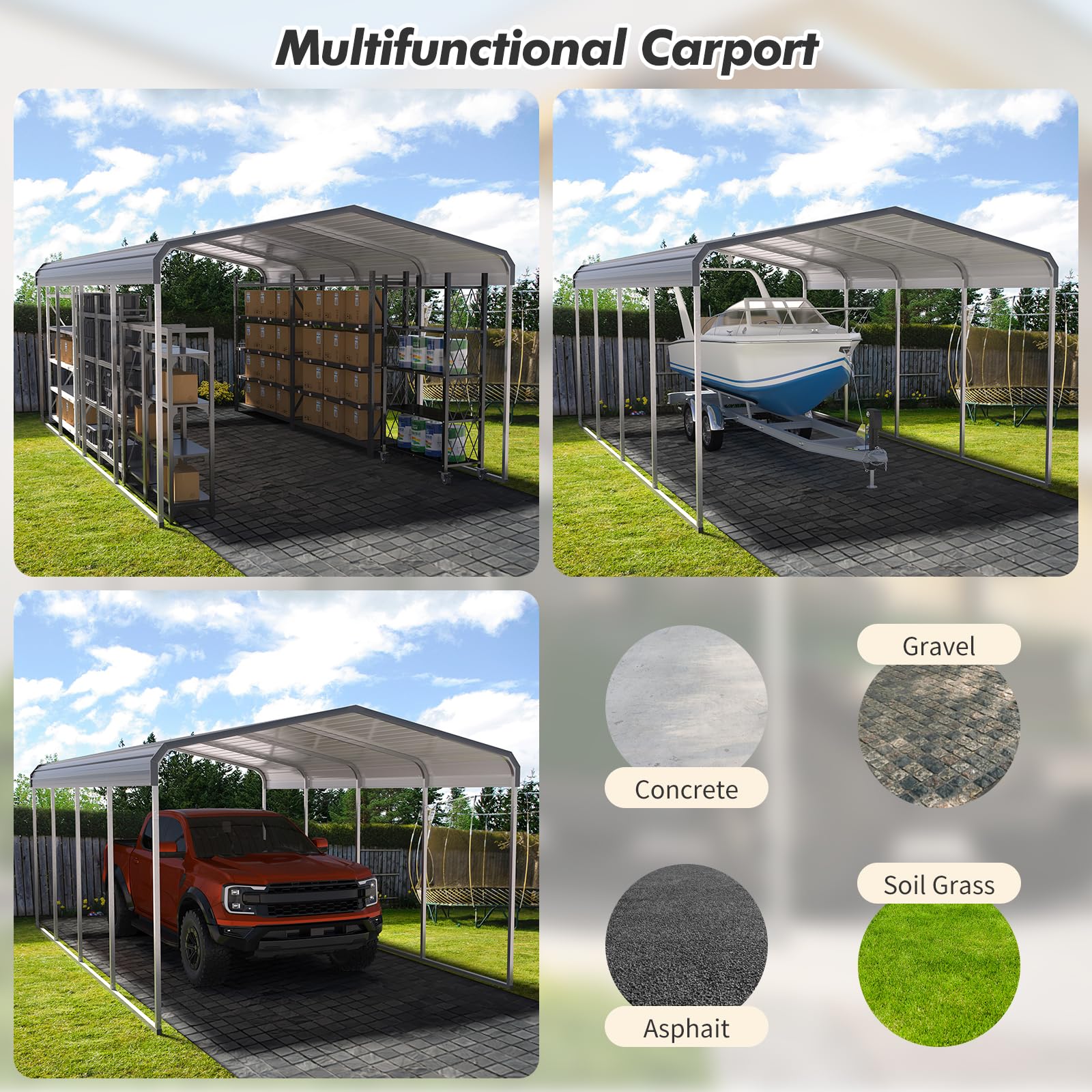 Outdoor Carport, 12x20 Heavy Duty Carport, Car Shelter with Galvanized Metal Roof and Updated Frame, Car Canopy Metal Garage for Car, Pickup, Boats and Tractors