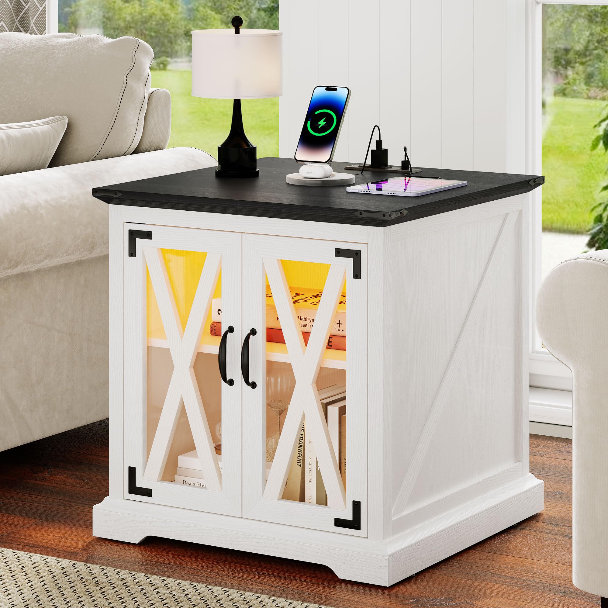 DWVO Farmhouse End Table, Sofa Side Coffee Table with Charging Station and LED Lights, Nightstand with Adjustable Storage Shelf, Bedside Table for Living Room, Bedroom, White