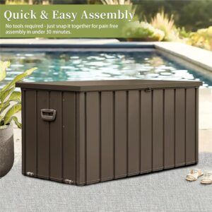 VYUJPTY 200 Gallon Metal Deck Box, Heavy Duty Outdoor Storage Box Waterproof with Wheels & Side Handle, Lockable Deck Box for Outdoor Patio Storage, Outdoor Toy Storage, Garden Pool Tools, Dark Brown