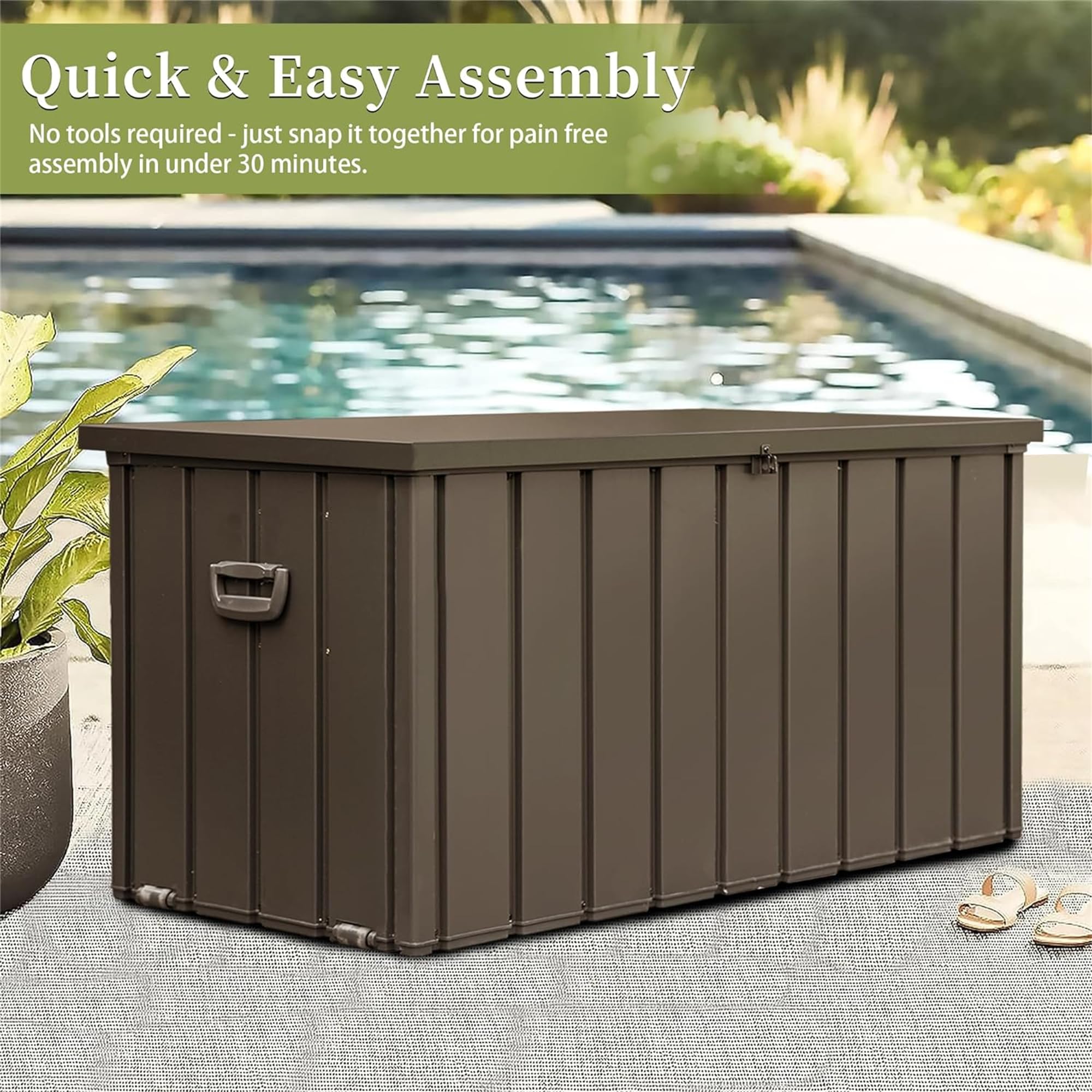 VYUJPTY 200 Gallon Metal Deck Box, Heavy Duty Outdoor Storage Box Waterproof with Wheels & Side Handle, Lockable Deck Box for Outdoor Patio Storage, Outdoor Toy Storage, Garden Pool Tools, Dark Brown