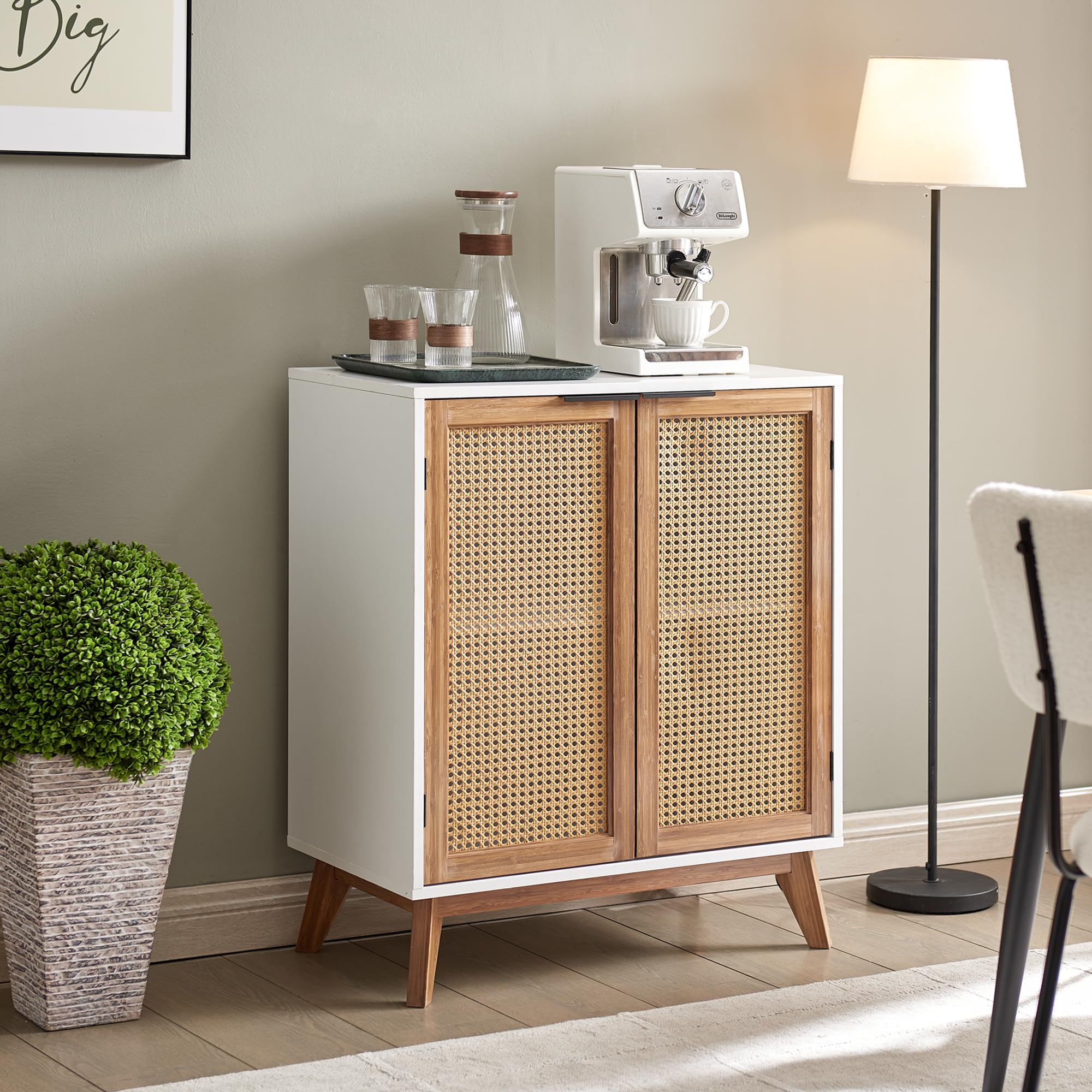 EFURDEN Sideboard Buffet, Kitchen Storage Cabinet with Rattan Decorated Doors, Accent Cabinet with Solid Bamboo Feet, Waterproof Tabletop and Large Storage Space-White