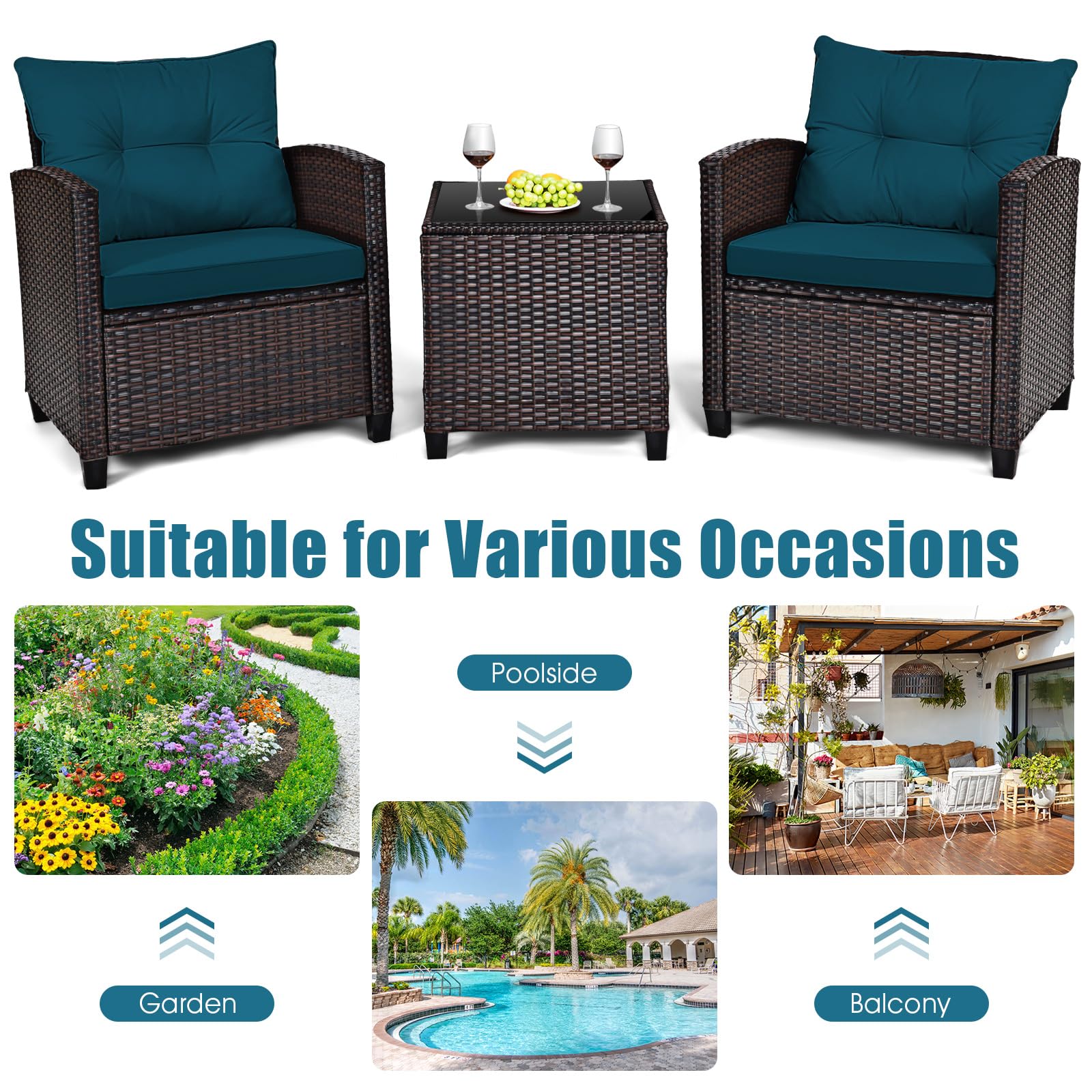 HAPPYGRILL 3 Pieces Patio Furniture Set Outdoor Furniture Rattan Wicker Chairs and Table Set, Balcony Porch Conversation Set with Washable Cushions & Tempered Glass Coffee Table (Blue)